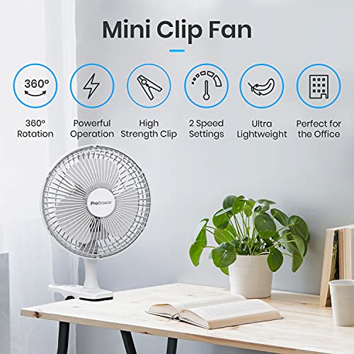 Pro Breeze Mini Ventilador de Sobremesa con Clip I Pequeño Ventilador Eléctrico con Funcionamiento Ultra silencioso y 2 Configuraciones de Velocidad I 15W para Hogar, Cama, Oficina y Escritorio