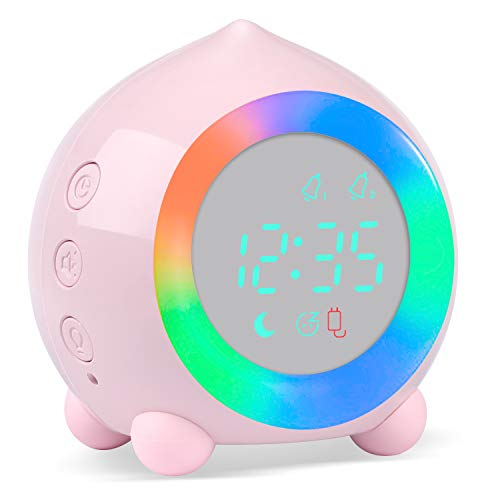 PROKING Reloj Despertador Infantil Digital, Despertador Digital Simulador de Amanecer Despertador para Niñas Niños con Luces Colores y Lámpara de Luz Nocturna Despertador Silencioso (Rosa)