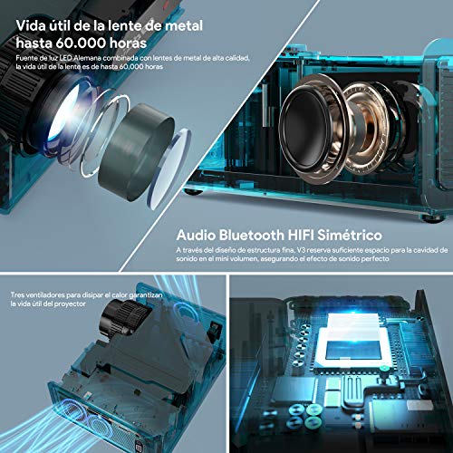 Proyector Bluetooth,YABER V3 6000 Lúmenes Mini Proyector Portátil Full HD 1080P Soporta, Proyector 720P Cine en Casa 80000 Horas, Función de Zoom, para PS4, TV Stick iPad Altavoz/Auricular Bluetooth