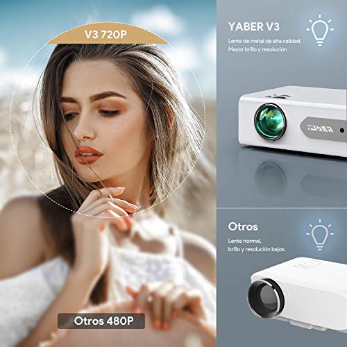 Proyector Bluetooth,YABER V3 6000 Lúmenes Mini Proyector Portátil Full HD 1080P Soporta, Proyector 720P Cine en Casa 80000 Horas, Función de Zoom, para PS4, TV Stick iPad Altavoz/Auricular Bluetooth