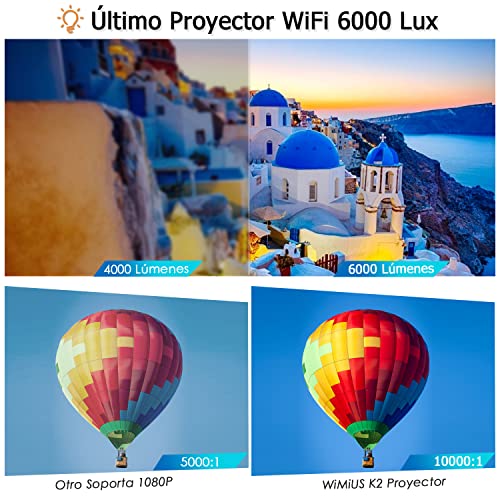 Proyector WiFi, 6000 Lúmenes WiMiUS Proyector WiFi Portátil Full HD Soporta 1080P Mini Proyector LED 90000 Horas Proyector WiFi Cine En Casa para Telefono/iPad/PC/PS5/TV Stick HDMI VGA AV TF USB