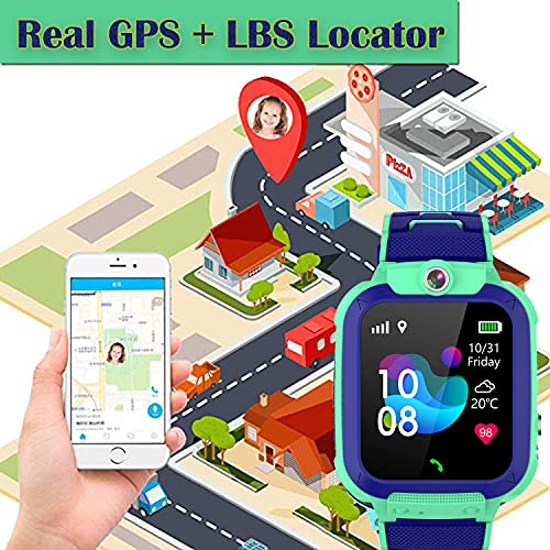 PTHTECHUS GPS Niños Impermeable Smartwatch, Reloj Inteligente Telefono con GPS Rastreador Conversación Bidireccional Llamada por Voz Chat SOS Cámara Despertador Juego para Niños Niña 3-12 Años,Azul