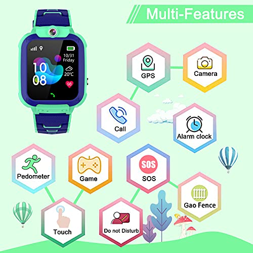 PTHTECHUS GPS Niños Impermeable Smartwatch, Reloj Inteligente Telefono con GPS Rastreador Conversación Bidireccional Llamada por Voz Chat SOS Cámara Despertador Juego para Niños Niña 3-12 Años,Azul