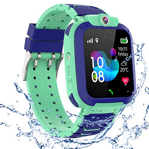 PTHTECHUS GPS Niños Impermeable Smartwatch, Reloj Inteligente Telefono con GPS Rastreador Conversación Bidireccional Llamada por Voz Chat SOS Cámara Despertador Juego para Niños Niña 3-12 Años,Azul