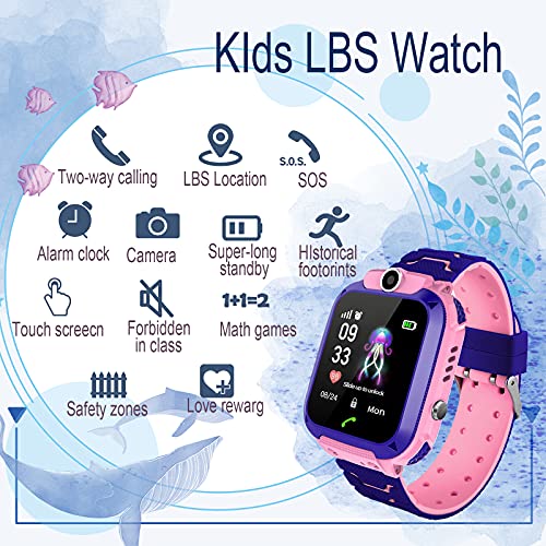 PTHTECHUS Niños Smartwatch , Reloj inteligente Phone con LBS Tracker SOS Chat de voz Cámara Despertador Juego Cálculo para Regalos Estudiantes Compatible con iOS Android (02-LBS SOS Rosa)
