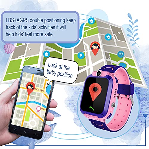 PTHTECHUS Niños Smartwatch , Reloj inteligente Phone con LBS Tracker SOS Chat de voz Cámara Despertador Juego Cálculo para Regalos Estudiantes Compatible con iOS Android (02-LBS SOS Rosa)