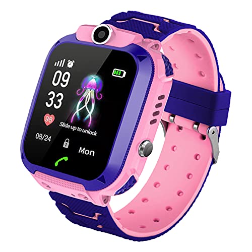 PTHTECHUS Niños Smartwatch , Reloj inteligente Phone con LBS Tracker SOS Chat de voz Cámara Despertador Juego Cálculo para Regalos Estudiantes Compatible con iOS Android (02-LBS SOS Rosa)