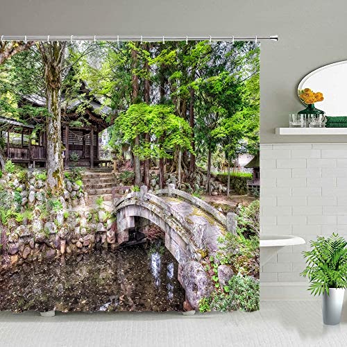 Puente de Madera Paisaje Cortina de Ducha árboles forestales Cascada Paisaje Natural casa Cortina de baño con Gancho S.4 180x180cm