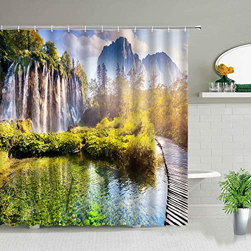 Puente de Madera Paisaje Cortina de Ducha árboles forestales Cascada Paisaje Natural casa Cortina de baño con Gancho S.4 180x180cm