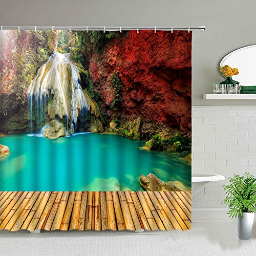 Puente de Madera Paisaje Cortina de Ducha árboles forestales Cascada Paisaje Natural casa Cortina de baño con Gancho S.4 180x180cm