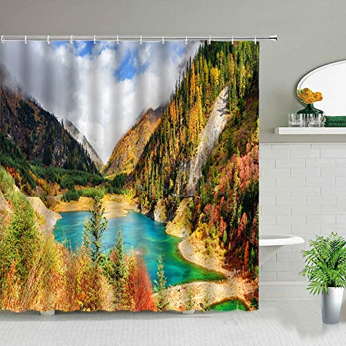 Puente de Madera Paisaje Cortina de Ducha árboles forestales Cascada Paisaje Natural casa Cortina de baño con Gancho S.4 180x180cm