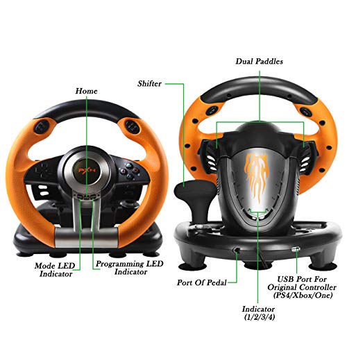 PXN V3 Volante de Carreras con Pedales Ajustables, 180 ° USB Universal Volante de Juego para PC, PS3, PS4, Xbox One, Nintendo Switch, Xbox series X|S - Naranja