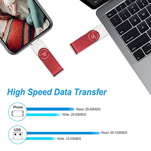 Qarfee Memoria USB 128 GB para Phone 4 en 1 Pendrive Flash Drive USB 3.0 Memoria Externa para iOS Android OTG Computadoras Laptops Tipo C Smartphone(128GB, Red)