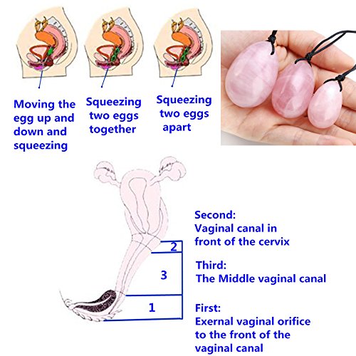 QGEM Pack de 3 Yoni Huevos Rosa Cuarzo, Perforado, con unwaxed Cadena, Piedra para Las Mujeres de Masaje para Fortalecer los músculos pélvicos