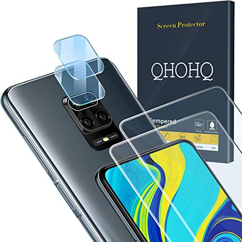 QHOHQ 2 Piezas Protector de Pantalla para Xiaomi Redmi Note 9S/Note 9 Pro/Poco M2 Pro con 2 Piezas Protector de Lente de Cámara, Cristal Templado Membrana, [9H Dureza] - HD - [Anti-Arañazos]