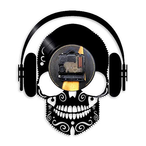 QIANGTOU Auriculares con música de Calavera, Arte de Pared de DJ, Calavera aterradora, con Auriculares, decoración del hogar, Reloj de Pared con Disco de Vinilo y Calavera Musical