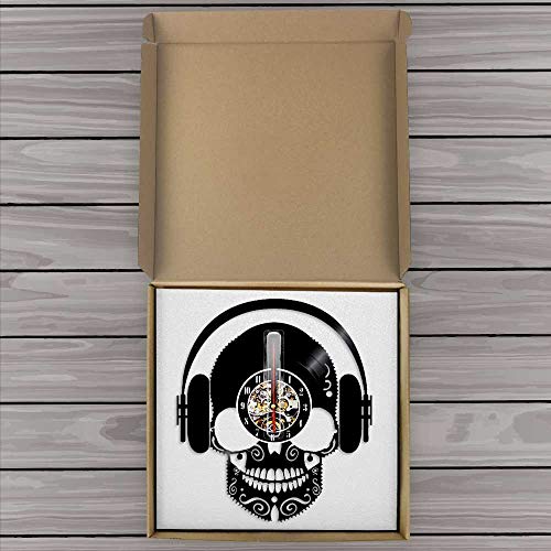 QIANGTOU Auriculares con música de Calavera, Arte de Pared de DJ, Calavera aterradora, con Auriculares, decoración del hogar, Reloj de Pared con Disco de Vinilo y Calavera Musical