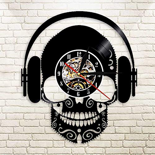 QIANGTOU Auriculares con música de Calavera, Arte de Pared de DJ, Calavera aterradora, con Auriculares, decoración del hogar, Reloj de Pared con Disco de Vinilo y Calavera Musical