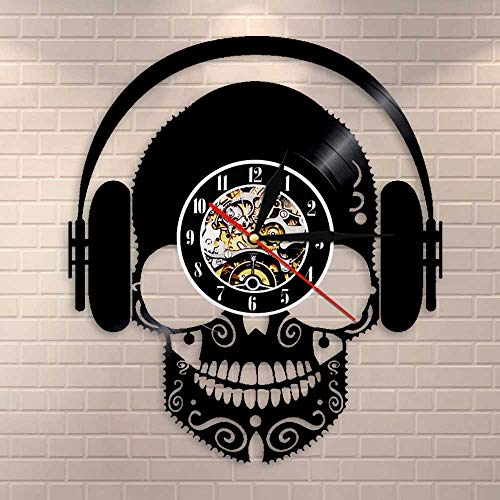 QIANGTOU Auriculares con música de Calavera, Arte de Pared de DJ, Calavera aterradora, con Auriculares, decoración del hogar, Reloj de Pared con Disco de Vinilo y Calavera Musical
