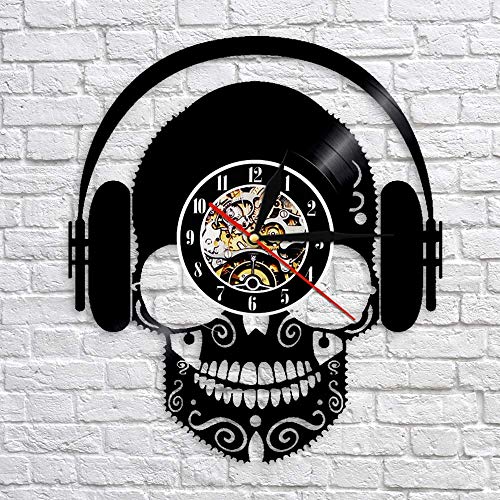 QIANGTOU Auriculares con música de Calavera, Arte de Pared de DJ, Calavera aterradora, con Auriculares, decoración del hogar, Reloj de Pared con Disco de Vinilo y Calavera Musical