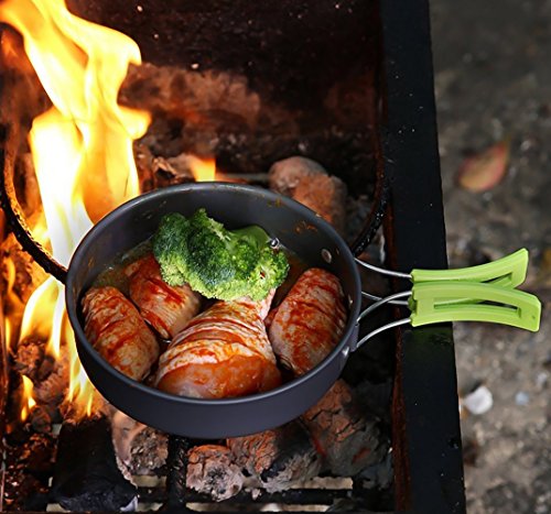 Qtiwe 10 piezas Cookware Kit Picnic Ollas Cocina camping Juego de vajilla para 1 - 2 personas para camping Outdoor Senderismo Picnic BBQ, FDA Certificación