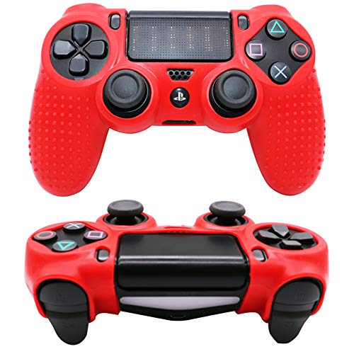 RALAN, PS4 - Controlador de piel de silicona para PS4, compatible con PS4, PS4 Slim/PS4 Pro Controller (negro) Pro Grip para pulgar x 8, Cat + Skull Cap Cover Grip x 2) (rojo + azul)