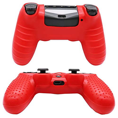 RALAN, PS4 - Controlador de piel de silicona para PS4, compatible con PS4, PS4 Slim/PS4 Pro Controller (negro) Pro Grip para pulgar x 8, Cat + Skull Cap Cover Grip x 2) (rojo + azul)