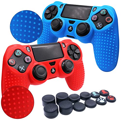 RALAN, PS4 - Controlador de piel de silicona para PS4, compatible con PS4, PS4 Slim/PS4 Pro Controller (negro) Pro Grip para pulgar x 8, Cat + Skull Cap Cover Grip x 2) (rojo + azul)