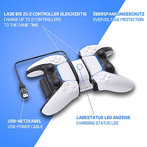 RAPTOR-GAMING CS200 Cargador Dual PS5, Blanco, Negro, Azul
