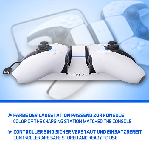 RAPTOR-GAMING CS200 Cargador Dual PS5, Blanco, Negro, Azul
