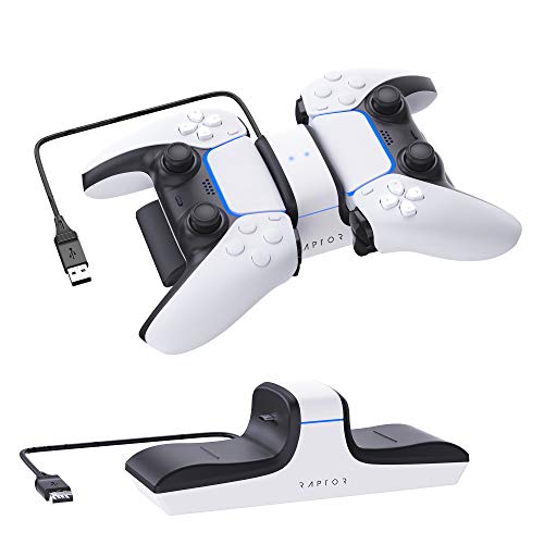 RAPTOR-GAMING CS200 Cargador Dual PS5, Blanco, Negro, Azul