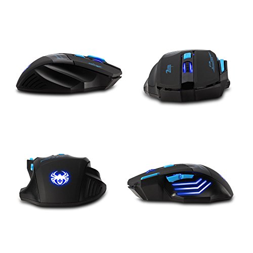 Ratón gaming inalámbrico óptico, Lychee 2.4GHZ con 7 botones 2400 DPI ajustable LED azul ratón óptico para juegos ratón para portátil, PC, Mac, ordenador portátil (negro)