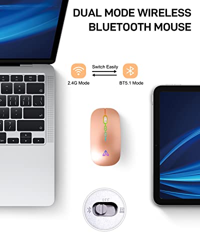 Ratón Inalámbrico Bluetooth Recargable, iTopschy LED Ratón Inalámbrico Silencioso (BT5.1 + 2.4G), dpi Ajustable RGB Ratones para Computadora Portátil, MacBook, Windows, Mac OS, Oro Rosa