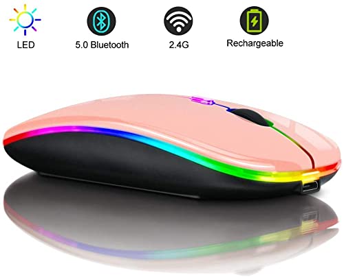 Ratón Inalámbrico Bluetooth Recargable, Ratón Retroiluminado de 7 Colores con Mini Receptor USB de 2,4 GHz, 1200,1600DPI Ajustable,Compatible con Laptop, PC, Ordenador, Chromebook, Notebook-Champán
