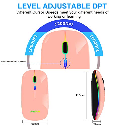 Ratón Inalámbrico Bluetooth Recargable, Ratón Retroiluminado de 7 Colores con Mini Receptor USB de 2,4 GHz, 1200,1600DPI Ajustable,Compatible con Laptop, PC, Ordenador, Chromebook, Notebook-Champán