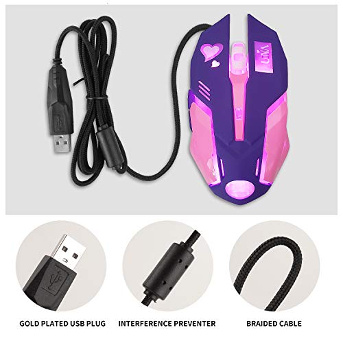 Ratón para Juegos, ratón óptico para Juegos con retroiluminación Rosa, ergonómico USB cableado con 2400 dpi y 6 Botones para 4 Disparos para computadora/Win/Mac/Linux/Andriod/iOS. (púrpura)