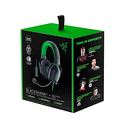 Razer BlackShark V2 con tarjeta de sonido USB (edición especial) - Auriculares para juegos deportivos (auriculares con cable con controladores de 50 mm para PC, Mac, PS4, Xbox One y Switch) Negro