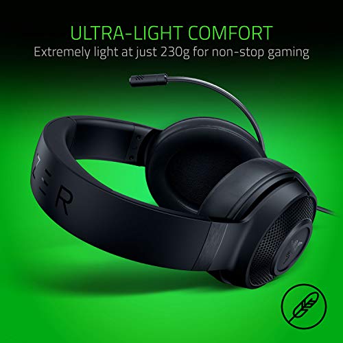 Razer Kraken X Lite Ultralight - Auriculares para Videojuegos (Sonido Envolvente 7.1, Marco Ligero, micrófono de riñón Flexible, para PC, Xbox, PS4, Nintendo Switch, Classic Black)