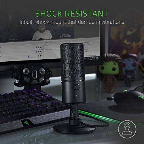 Razer Seiren X - micrófono de condensador USB para transmisión, compacto con amortiguador, patrón de grabación supercardioide, sin latencia, botón de silencio, conexión de auriculares, negro