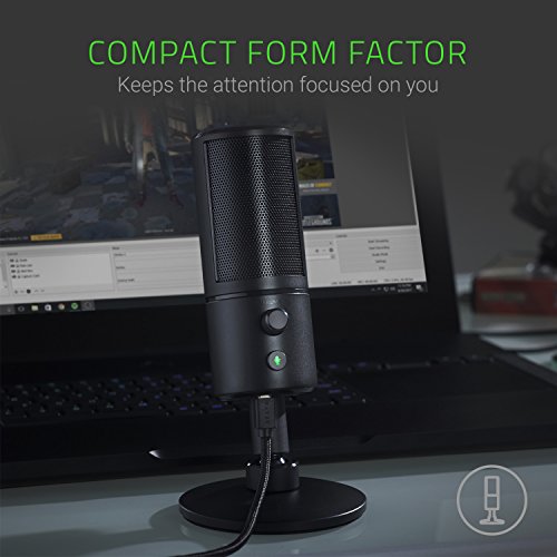 Razer Seiren X - micrófono de condensador USB para transmisión, compacto con amortiguador, patrón de grabación supercardioide, sin latencia, botón de silencio, conexión de auriculares, negro