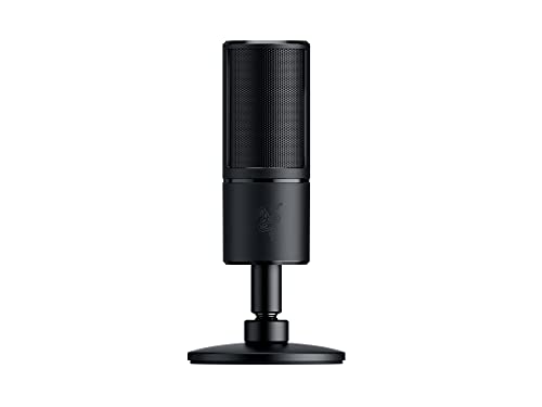 Razer Seiren X - micrófono de condensador USB para transmisión, compacto con amortiguador, patrón de grabación supercardioide, sin latencia, botón de silencio, conexión de auriculares, negro