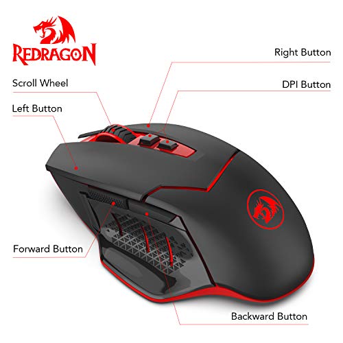 Redargon M690-1 - Ratón inalámbrico para videojuegos con DPI, 2 botones laterales, 2400 DPI, diseño ergonómico, 7 botones, color negro