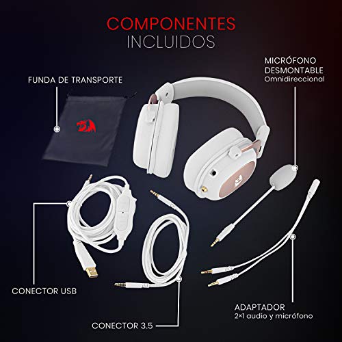 Redragon H510W Zeus 2 White - Auriculares Gaming - Headset Gaming cómodos - Audio de Alta Definición + Potentes Bajos - Cascos Blancos con Micrófono para PC, Móvil, PS4 - Sonido 7.1 Virtual