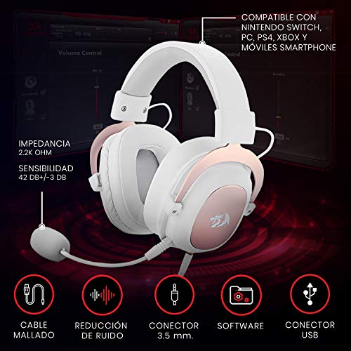 Redragon H510W Zeus 2 White - Auriculares Gaming - Headset Gaming cómodos - Audio de Alta Definición + Potentes Bajos - Cascos Blancos con Micrófono para PC, Móvil, PS4 - Sonido 7.1 Virtual