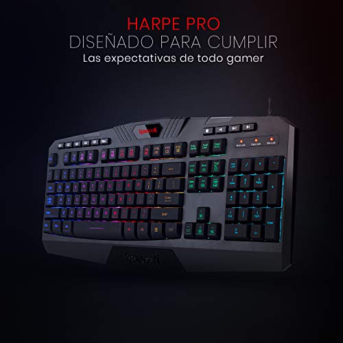 Redragon Harpe Pro K503A-RGB Teclado gaming Español - Teclado para juegos USB ligero, duradero, resistente al agua, ergonómico, silencioso - Teclado gamer con cable para PC - Negro