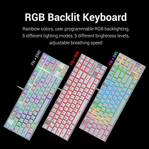 Redragon K552RGB KUMARA White, Teclado Mecánico Tenkeyless, interruptores azules, Reforzado, Retroiluminado RGB Distribución INGLES- Color Blanco- PC Windows Compatible