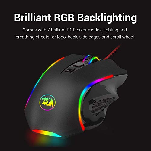 Redragon M602A RGB Ratón para Juegos 3000 dpi con USB Cable NEMEANLION, 7 Botones, Retroiluminación LED de 7 Colores para PC Games (Negro)