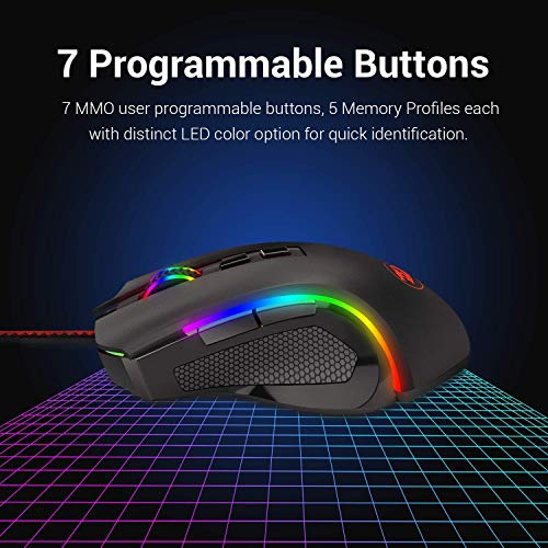 Redragon M602A RGB Ratón para Juegos 3000 dpi con USB Cable NEMEANLION, 7 Botones, Retroiluminación LED de 7 Colores para PC Games (Negro)