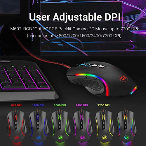 Redragon M602A RGB Ratón para Juegos 3000 dpi con USB Cable NEMEANLION, 7 Botones, Retroiluminación LED de 7 Colores para PC Games (Negro)