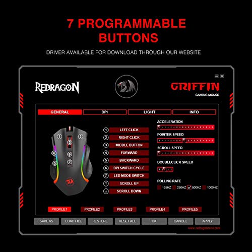 Redragon M607 GRIFFIN Ratón Gaming RGB Personalizable, Sensor óptico Pixart PMW3212 de 7,200 DPI, 7 Botones Programables, Interruptores 10 Millones clics, Raton Gamer PC Compatible.